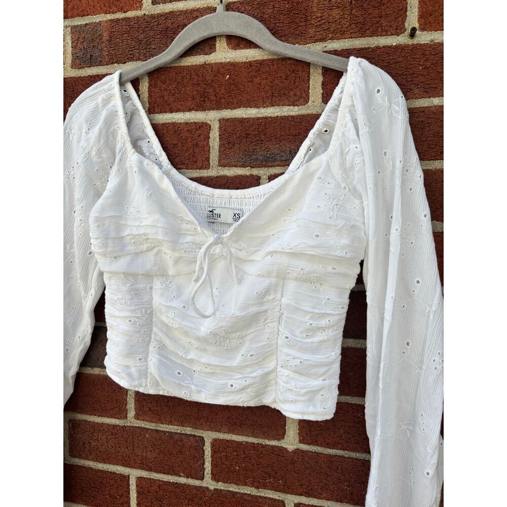 Hollister White Eyelet Crop Top Womens XS Long Sleeve Peasant Cottagecore Blouse - Picture 6 of 7